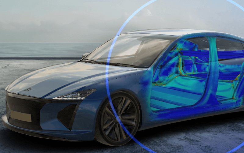 Ausschnitt eines Autos, bei dem ein Bereich FEM-analytisch hervorgehoben wird